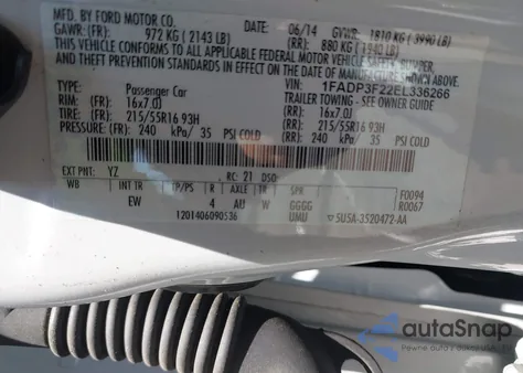 2014 Ford Focus Se z USA, uszkodzony, nr VIN 1FADP3F22EL336266